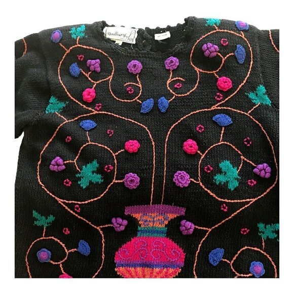 Vintage Needleworks hand knitted chunky cotton sweater, Flower Embroideries,  si - Picture 7 of 15